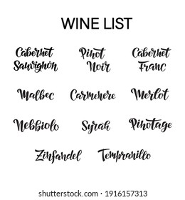 Vector hand lettering of red wine list as logotype, icon, design. Red wine illustration, postcard, card, invitation, greeting, poster, banner for restaurant menu. EPS 10