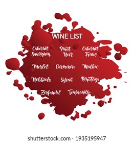 Vector hand lettering of Red Wine List as logotype, icon, design. Red wine illustration, postcard, card, invitation, greeting, poster, banner for restaurant wine list, menu. EPS 10