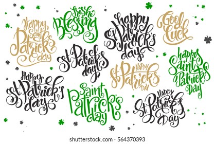 vector hand lettering saint patrick's day greetings text set, written in various styles with clover shapes.