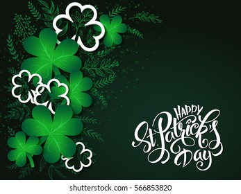 vector hand lettering saint patrick's day greetings card with clover shapes and branches