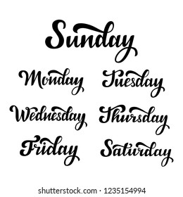 Vector hand lettering set of the days of the week. Sunday, monday, tuesday, wednesday, thursday, friday, saturday. Modern calligraphy. Isolated typography print. Hand drawn clipart.