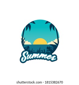 verano con letras de mano vectorial con playa de ilustraciones