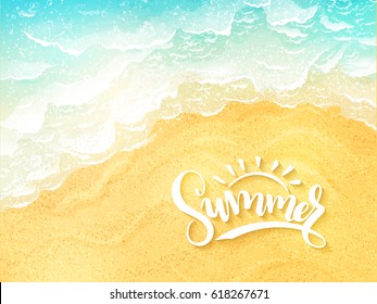 vektör el yazısı yaz ilham verici etiket - yaz - üst görünümde deniz sörf arka plan
