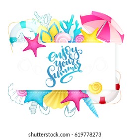 vector hand lettering summer phrase - enjoy your summer - surrounded with detailed flat and doodle seashells, sun umbrella, flip-flops, corals and lifebuoy.