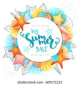 vector hand lettering summer sale text surrounded with seashells.