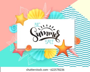 vector hand lettering summer sale text surrounded with detailed flat and doodle seashells.