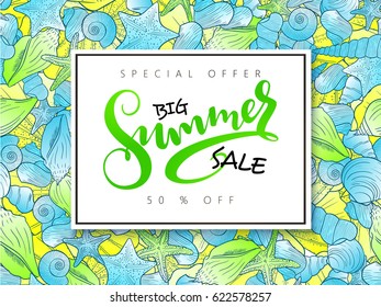 vector hand lettering summer sale banner on doddle seashells background
