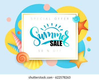 vector hand lettering summer sale text surrounded with detailed flat seashells and circles.
