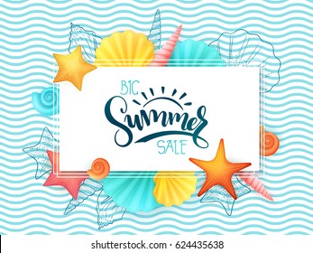 vector hand lettering summer sale banner surrounded with detailed flat and doodle seashells on wave background.