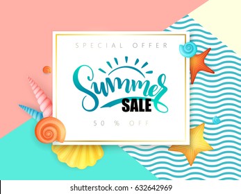 vector hand lettering summer sale text surrounded with detailed flat and doodle seashells