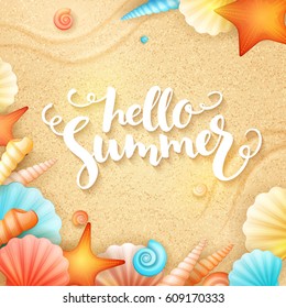 vector hand lettering summer text - hello summer - with shells on sand background.