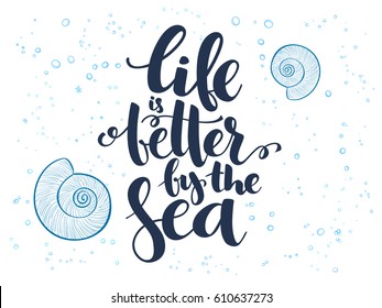 vector hand lettering summer text about sea with doodle shells and bubbles.