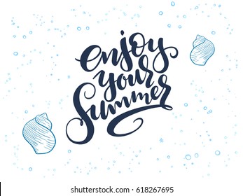 vector hand lettering summer text about sea with doodle shells and bubbles.