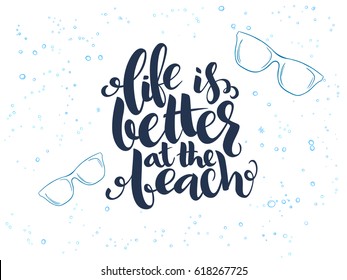 vector hand lettering summer text about sea with doodle sun glasses and bubbles.