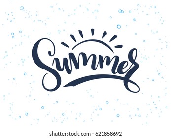 vector hand lettering summer text about sea with doodle shells and bubbles