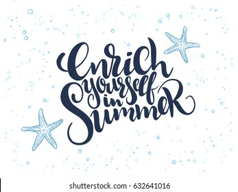 vector hand lettering summer text about sea with doodle shells and bubbles.