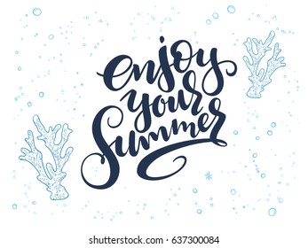 vector hand lettering summer text about sea with doodle shells and bubbles.