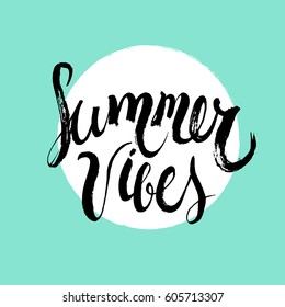Vector hand lettering Summer vibes phrase isolated on mint background 