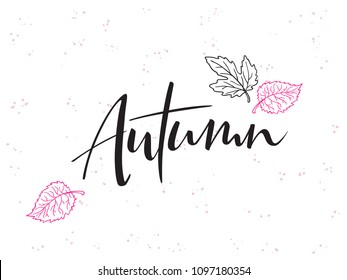 vector hand lettering text about autumn with doodle leaves and dots.