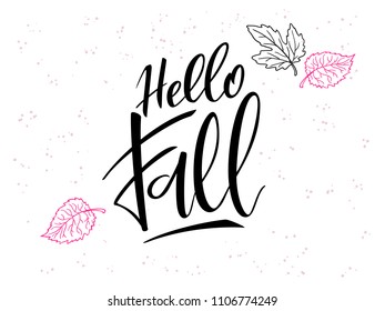 vector hand lettering text about autumn with doodle leaves and dots.