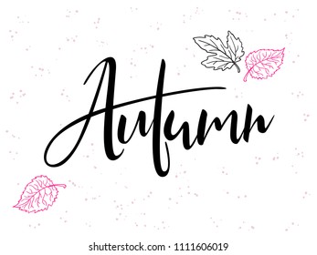 vector hand lettering text about autumn with doodle leaves and dots.