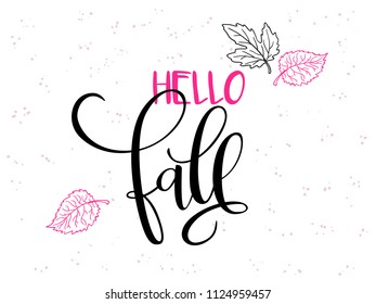 vector hand lettering text about autumn with doodle leaves and dots.