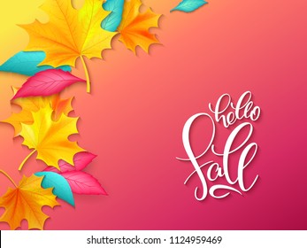 vector hand lettering text about autumn with doodle leaves and dots.
