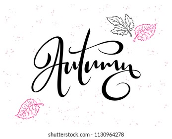 vector hand lettering text about autumn with doodle leaves and dots.