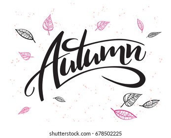 vector hand lettering text about autumn with doodle leaves and dots