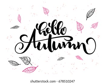 vector hand lettering text about autumn with doodle leaves and dots.
