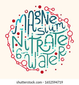 Grabado de mano vectora, texto e ilustración. Cartel de tipografía dibujado a mano.  Nitrato de magnesio de 6 aguas para la fabricación de productos químicos. Pancarta de sal mineral de laboratorio químico 