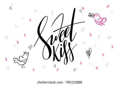 vector hand lettering valentine's day greetings text - sweet love - with heart shapes and birds.