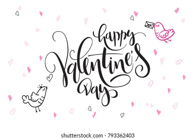 vector hand lettering valentine's day greetings text - happy valentine's day - with heart shapes and birds.