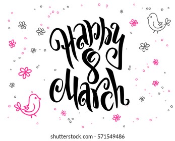 vector hand lettering women's day greetings quote - 8 march with doodle flowers and bubbles