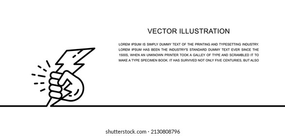 Vector hand with lightning, power one line icon. Continuous one line