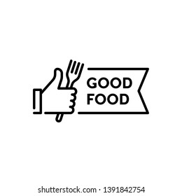 Vector hand like icon template. Good food logo illustration with fork sign. Line symbol for farmers market, cafe, restaurant, catering, cooking business. Thumbs up sign for healthy natural products