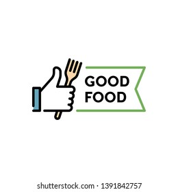 Vector hand like icon template. Good food logo illustration with fork sign. Line symbol for farmers market, cafe, restaurant, catering, cooking business. Thumbs up sign for healthy natural products