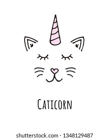 Vector hand line drawn doodle sketch caticorn cat with horn face isolated on white background 