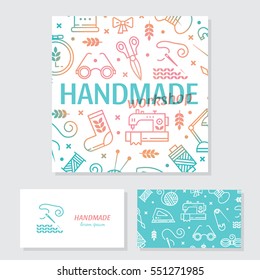 Vector Hand made banner and business card. Hand made icons set - symbols or logos of sewing, knit, embroidery, needlework. Business card with front and back page. Handmade workshop.