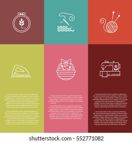 Vector Hand made banners and flyers with text. Hand made icons - symbols or logos of sewing, knit, embroidery, needlework. Perfect for web design.