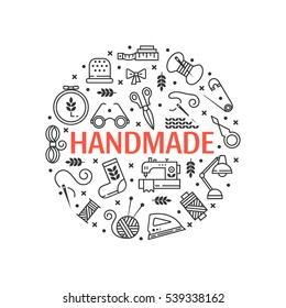 Vector Hand made icons set - symbols or logos of sewing, knit, embroidery, needlework. Perfect for banners, flyers and web design.