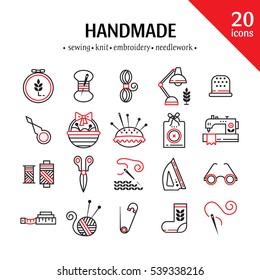 Vector Hand made icons set - symbols or logos of sewing, knit, embroidery, needlework. Perfect for banners, flyers and web design.