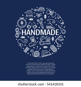 Vector Hand made icons set - symbols or logos of sewing, knit, embroidery, needlework. Perfect for banners, flyers and web design.