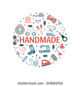 Vector Hand made icons set - symbols or logos of sewing, knit, embroidery, needlework. Perfect for banners, flyers and web design.