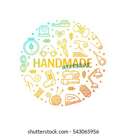Vector Hand made icons set - symbols or logos of sewing, knit, embroidery, needlework. Handmade workshop banner. Perfect for banners, flyers and web design.