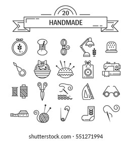 Vector Hand made icons set - symbols or logos of sewing, knit, embroidery, needlework. Perfect for banners, flyers and web design.