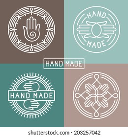 Vector Hand Made Label In Outline Trendy Style - Hands Icon And Text - Abstract Design Elements - Logo Design Template