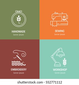 Vector hand made label in outline trendy style . Symbols or logos of sewing, knit, embroidery, needlework. Logo design template