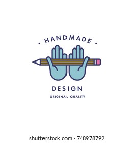 Vector hand made label in outline trendy style - hands with pencil icon and text - abstract design elements - logo design template