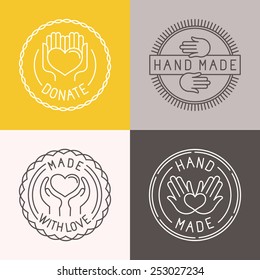 Vector hand made labels and badges in linear trendy style - hand made, made with love, donate